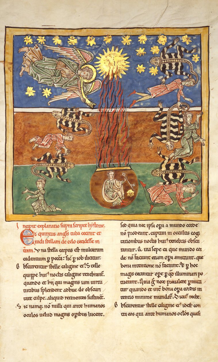 Levél egy Beatus-kéziratból: az Ötödik Angyalok Klariónjánál Trombita..., kb. 1180. alkotó: Unbekannt