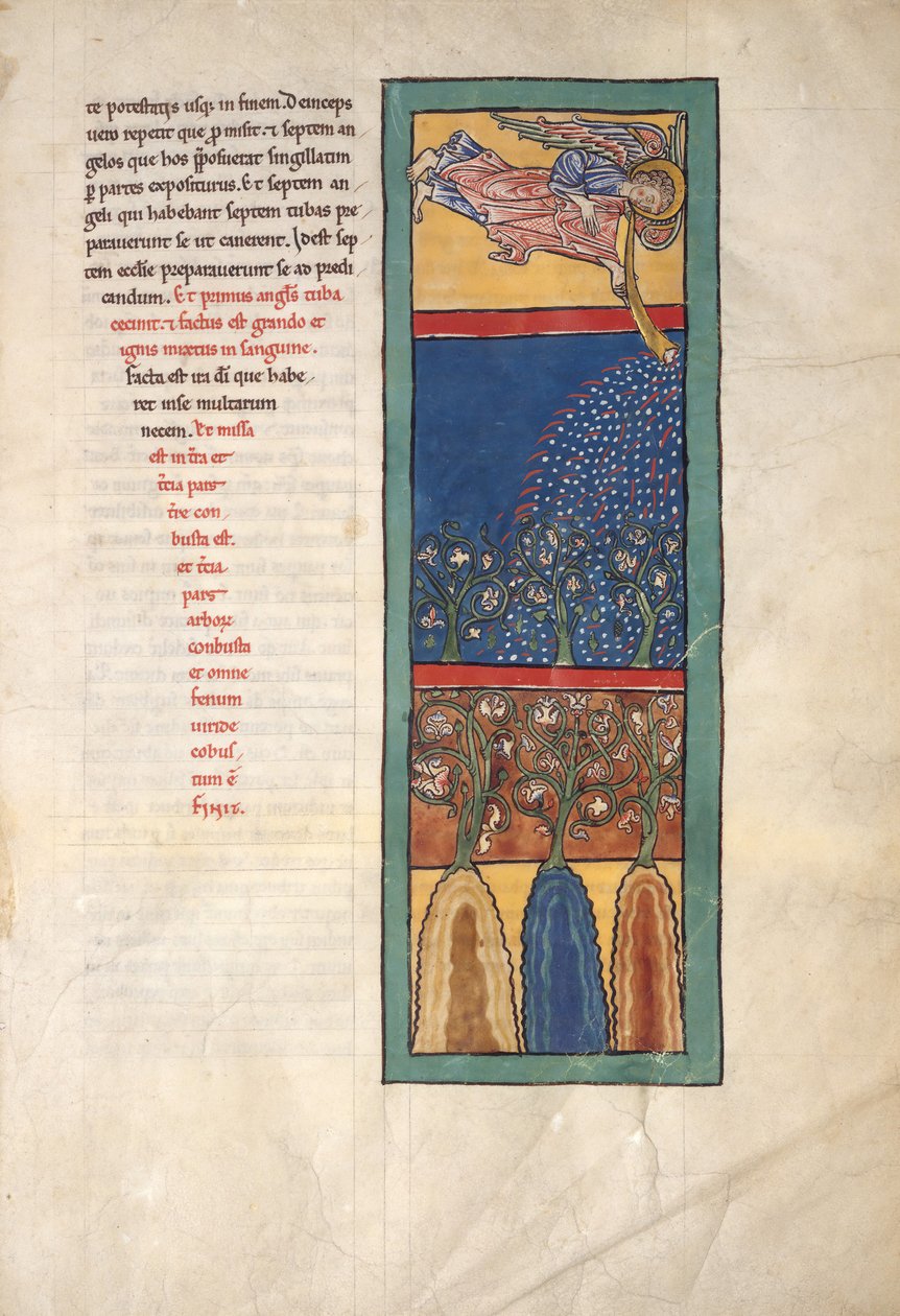 Levél egy Beatus-kéziratból: Az első angyal trombitán szól..., kb. 1180. alkotó: Unbekannt