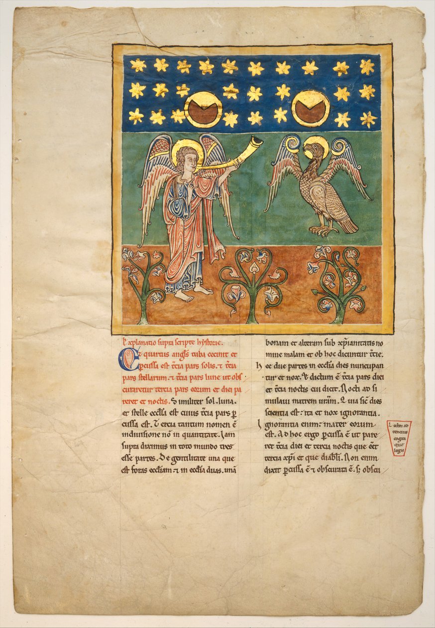 Levél egy Beatus-kéziratból: A negyedik angyal megszólal a trombitán és egy sas..., kb. 1180. alkotó: Unbekannt