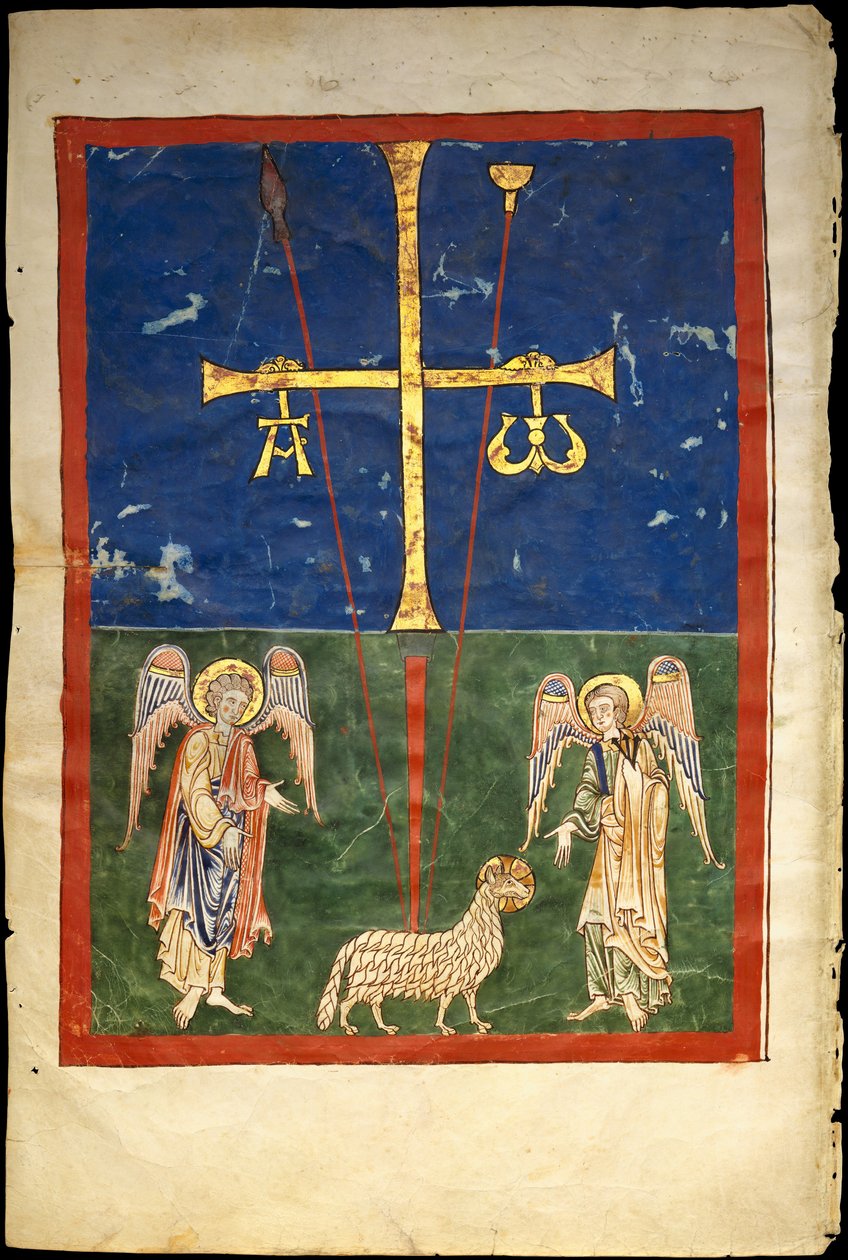 Levél egy Beatus-kéziratból: Bárány a kereszt tövében, két angyal szegélyezve..., c1180. alkotó: Unbekannt