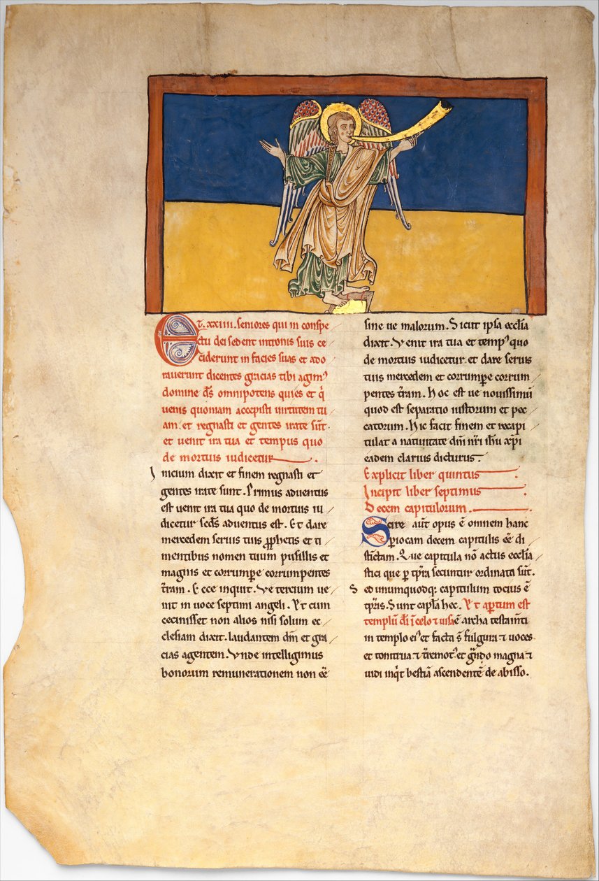 Levél egy Beatus-kéziratból: a hetedik angyal az Úr uralmát hirdeti, kb. 1180. alkotó: Unbekannt