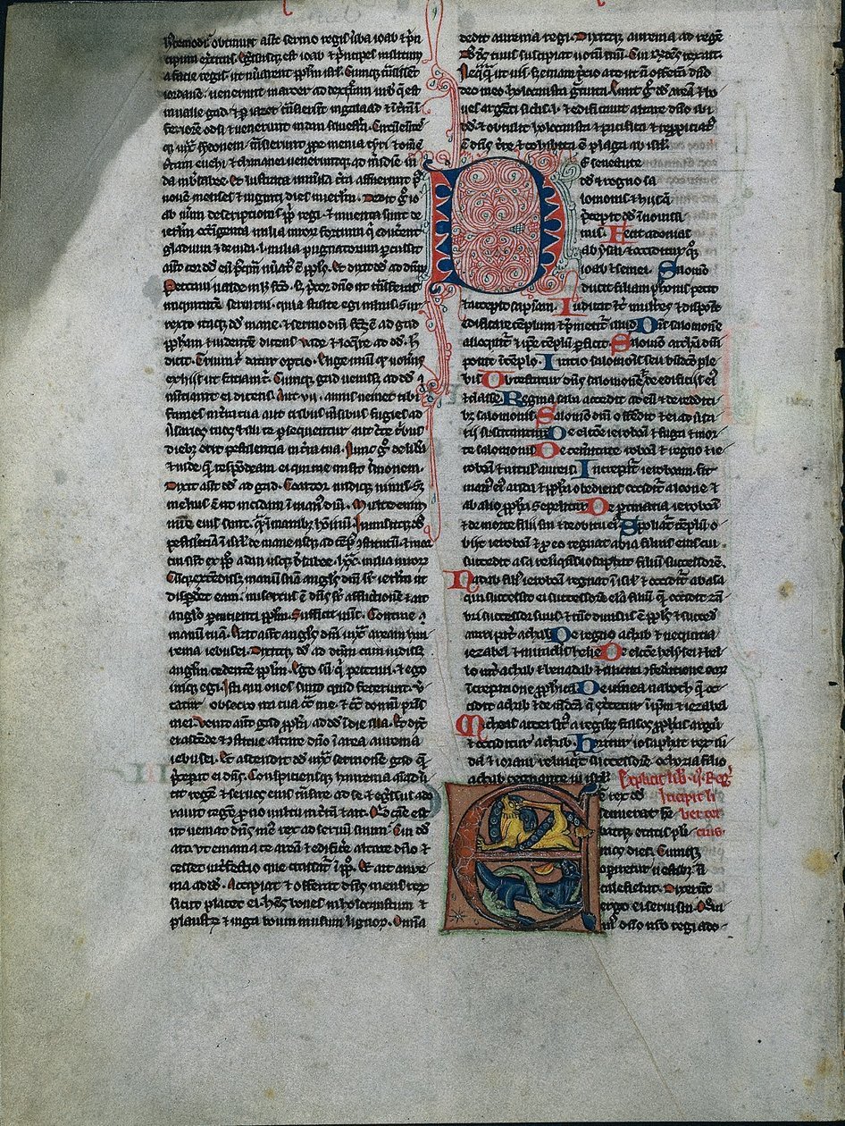 Levél a Bibliából: Kezdő E: Összefonódott oroszlánok és kígyók 1/2 kivágott levél, c. 1225-50. alkotó: Unbekannt