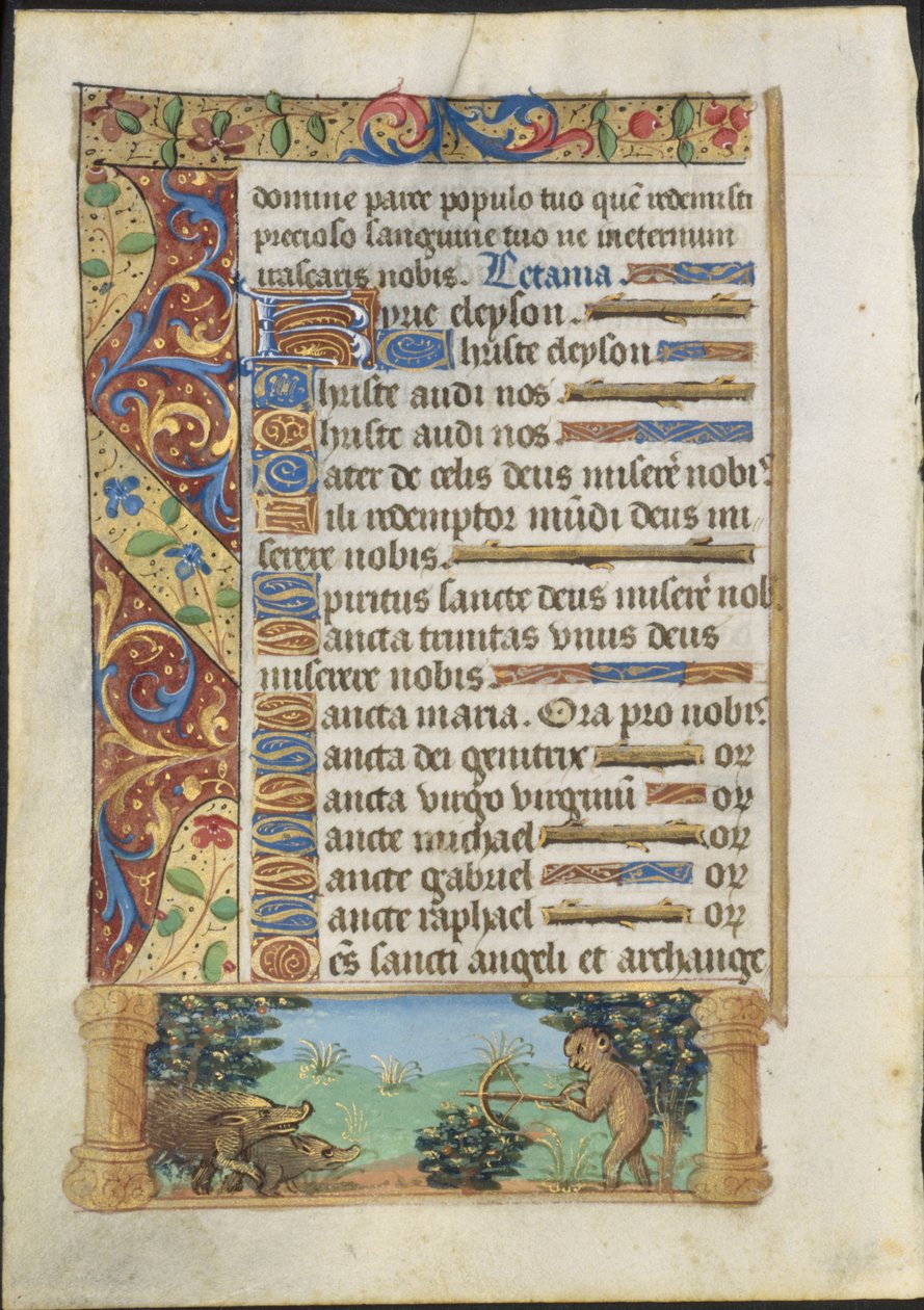 Levél egy órakönyvből: Vaddisznókra vadászó majom, c. 1500-1510. alkotó: Unbekannt
