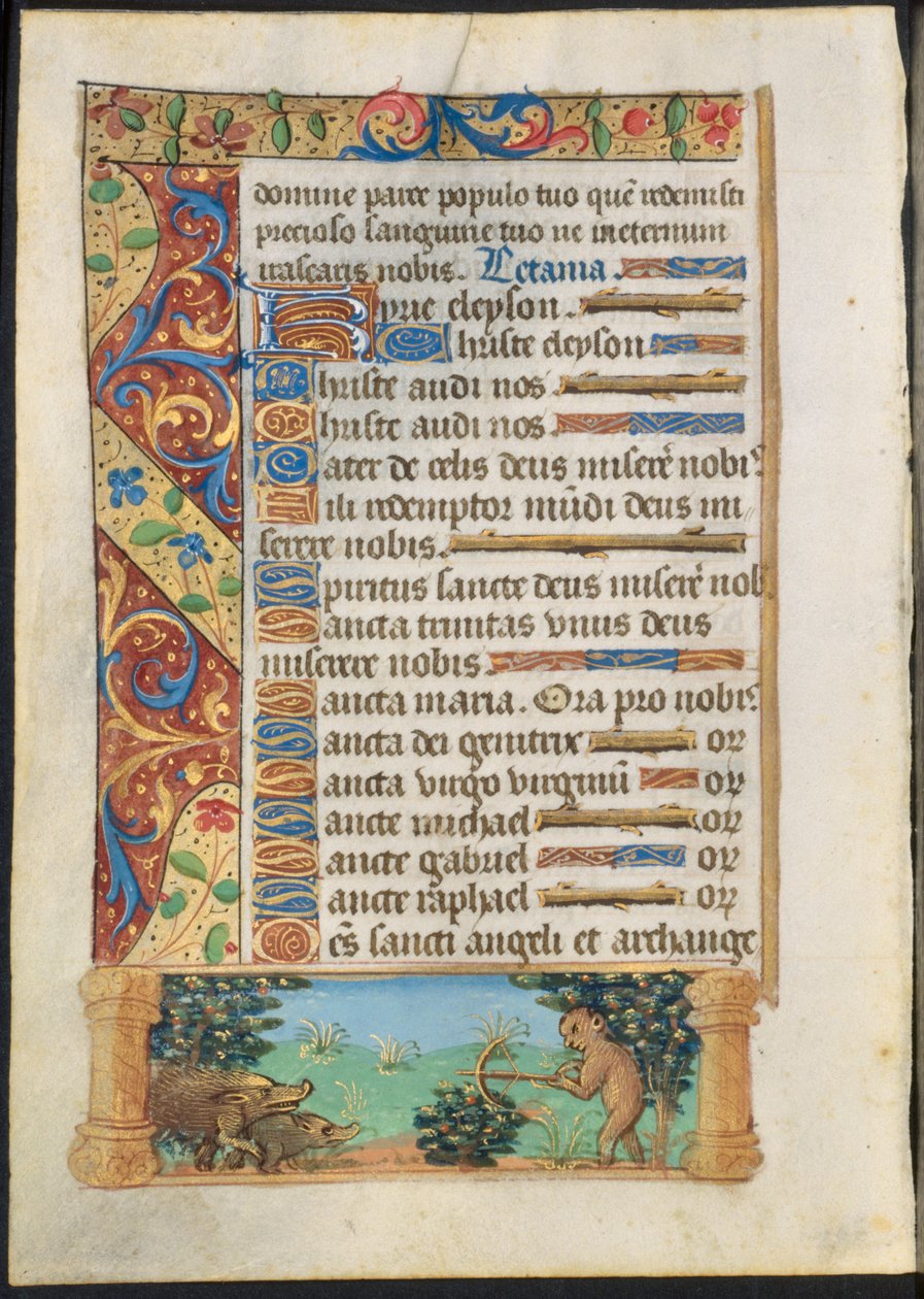 Levél egy órakönyvből: majomvadászó vaddisznók recto és majomhalászat verso , c. 1500-1510. alkotó: Unbekannt