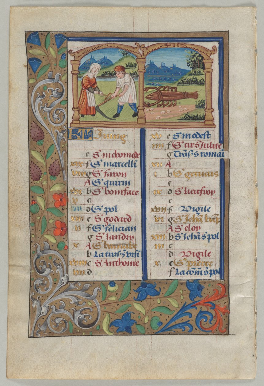 Levél egy órakönyvből: Június naptári oldala, c. 1510. alkotó: Unbekannt