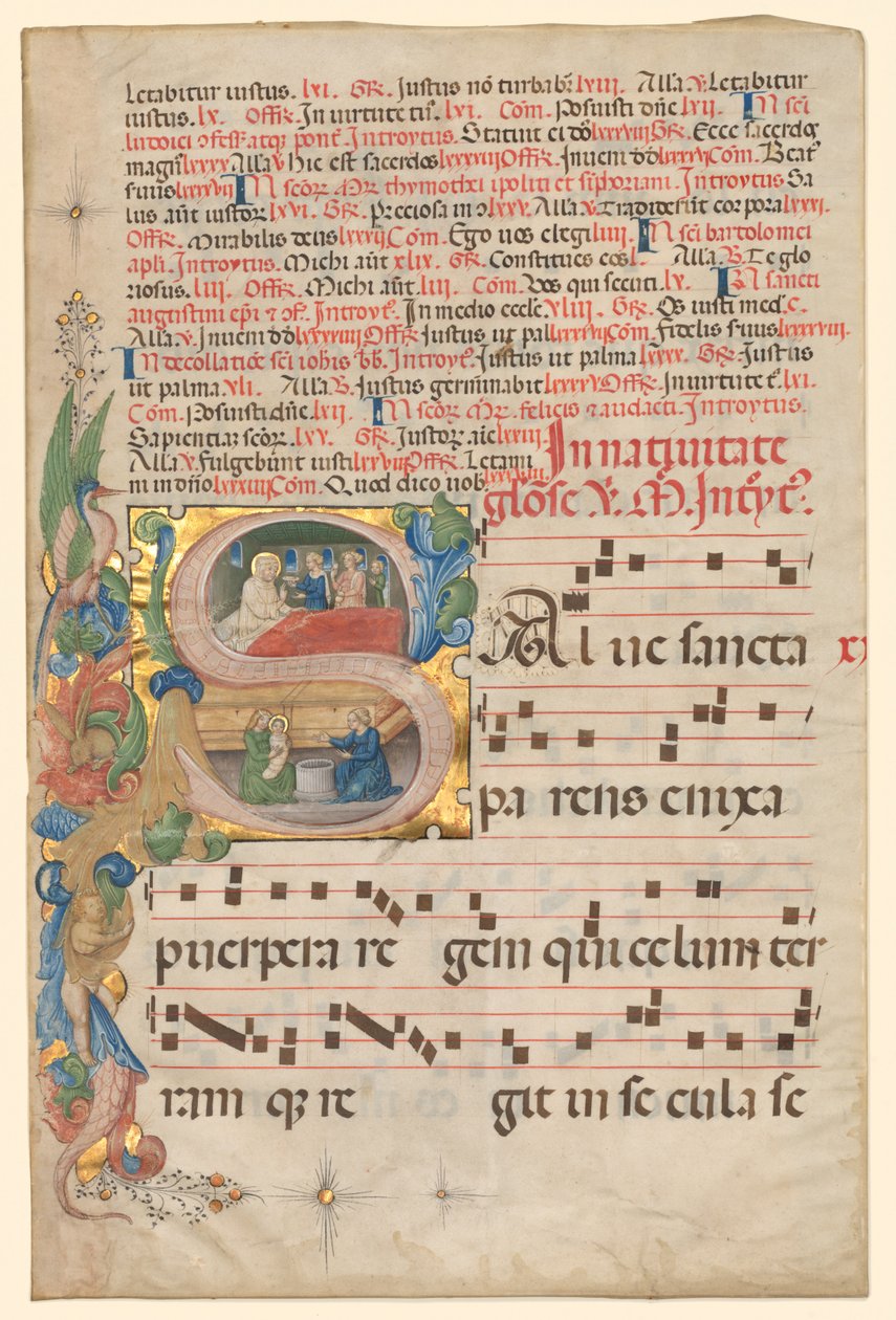 Leaf from a Gradual: Historiated Initial S[alve Sancta Parens]..., c. 1420-1450. alkotó: Unbekannt