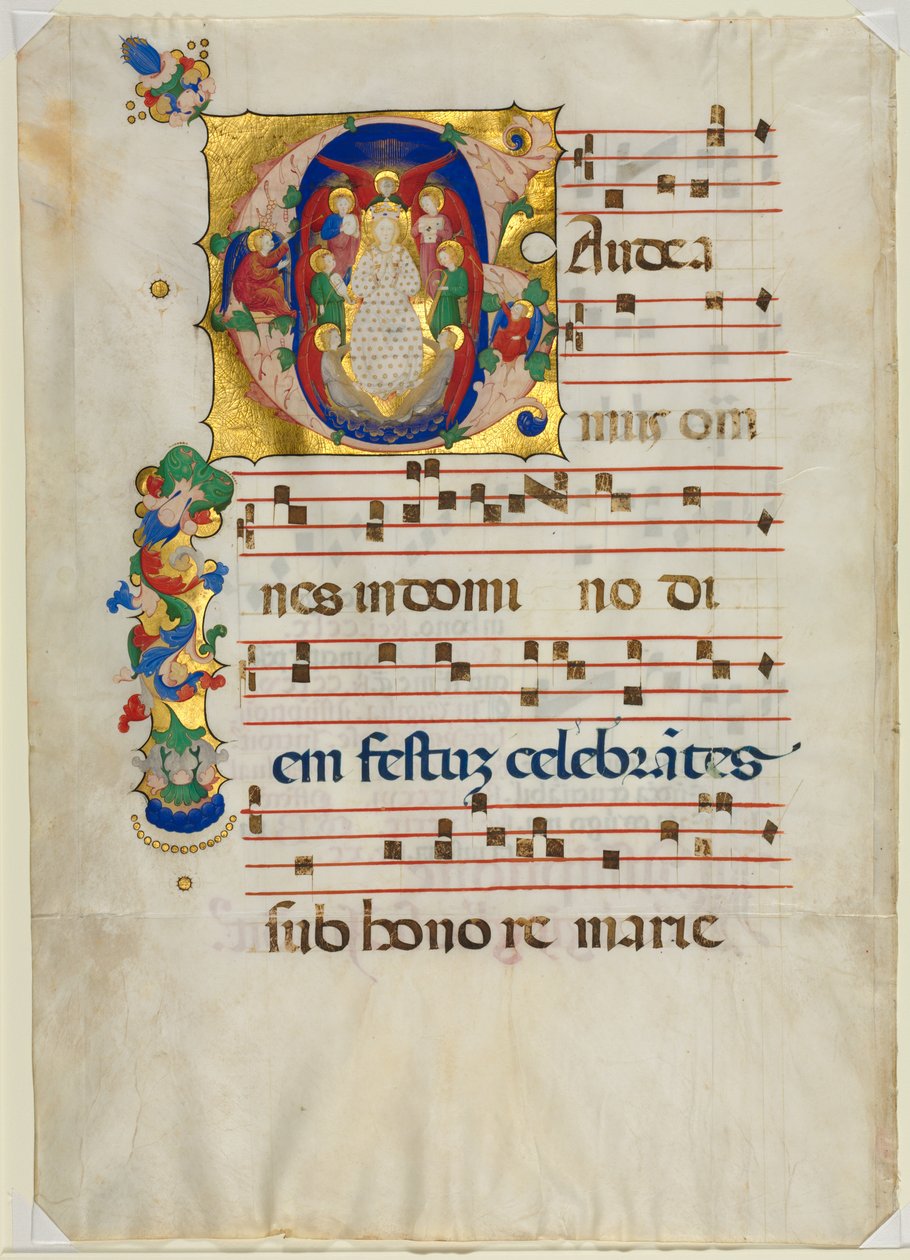 Levél egy Graduálról historiált G kezdőbetűvel: Mária mint a menny királynője, c. 1425-1450. alkotó: Unbekannt