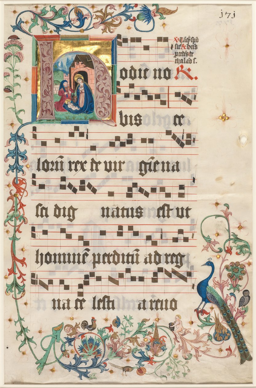 Levél egy antifonáriumból: H kezdőbetűvel a betlehemes recto és szöveg verso, c. 1480. alkotó: Unbekannt