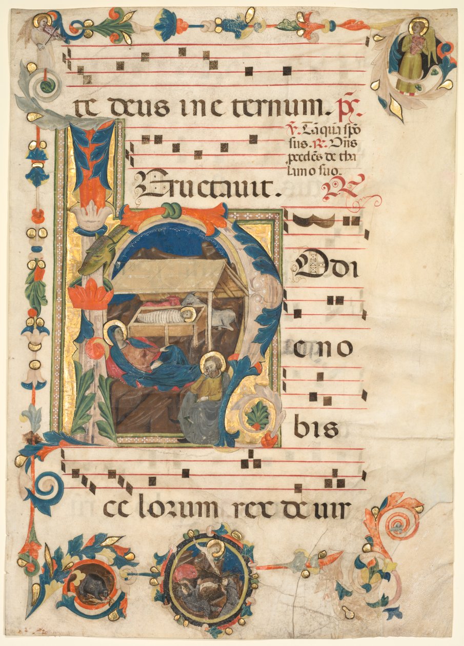 Egy antifónia levél Historiated Initial H-val, The Nativity recto és Music verso. alkotó: Unbekannt
