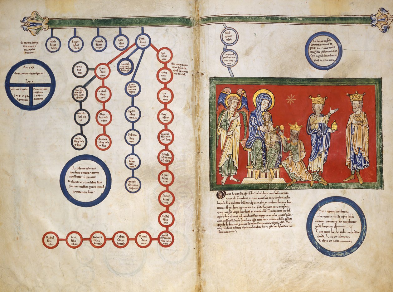 Egy Beatus-kézirat levelei: Bifolium Krisztus genealógiájának egy részével...kb. 1180. alkotó: Unbekannt