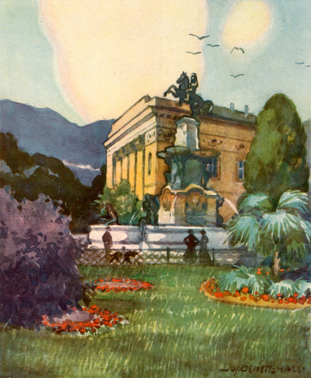 Leopoldsbrunnen und Stadttheater, Leopolds-kút és városi színház, 1929. alkotó: Unbekannt