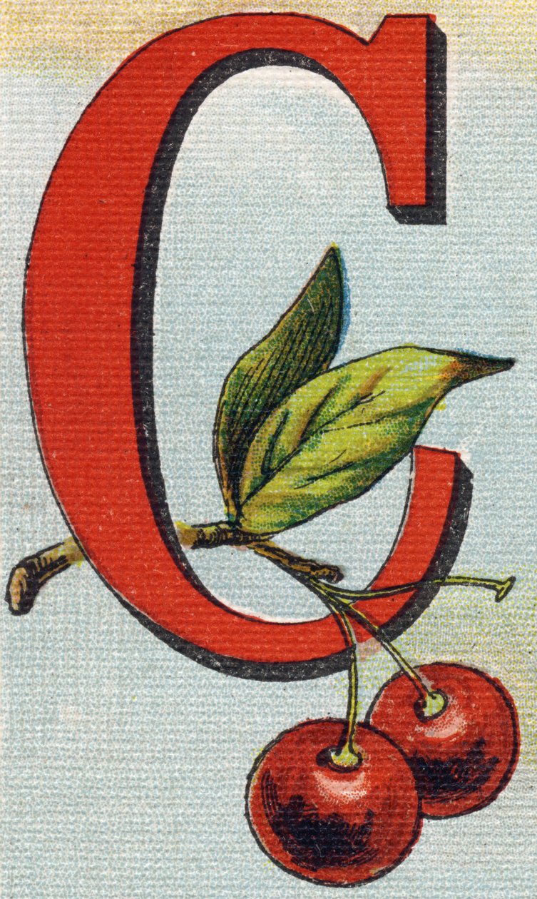 C betű: cseresznye. Metszet "Alphabet de ma petite fille". Bernardin-Bechet és Fils, könyvkereskedő-kiadók, Párizs, 1895 körül. Törhetetlen album vásznon. Bibliotheque des Bebes. 12 oldal. Olvasási módszert és szemléltető abece-t tartalmazó album alkotó: Unbekannt