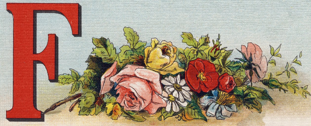 F betű: virágok. Metszet "Alphabet de ma petite fille". Bernardin-Bechet és Fils, könyvkereskedő-kiadók, Párizs, 1895 körül. Törhetetlen album vásznon. Bibliotheque des Bebes. 12 oldal. Olvasási módszert és szemléltető abecedet tartalmazó album alkotó: Unbekannt