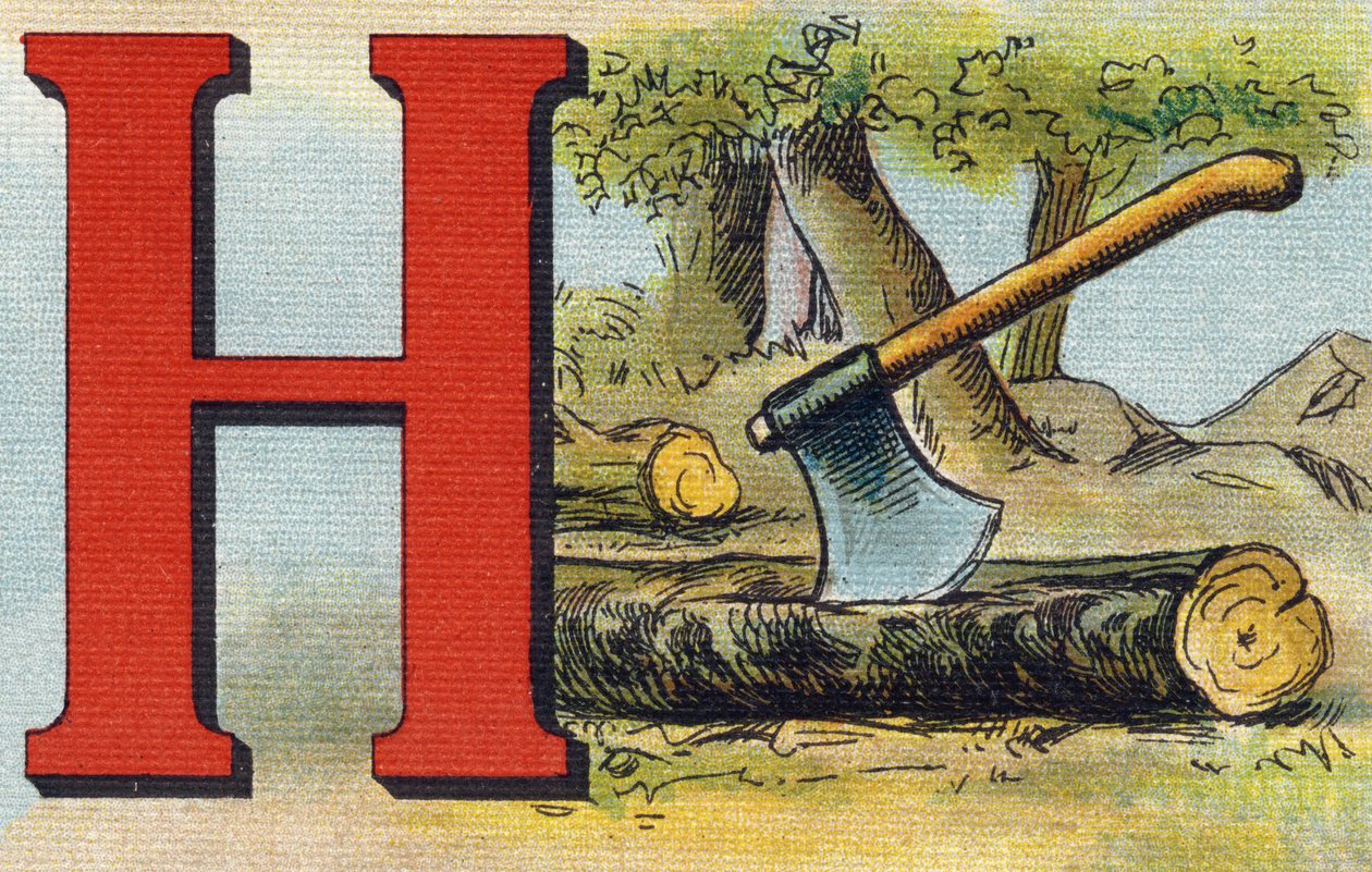 H betű: fejsze. Metszet "Alphabet de ma petite fille". Bernardin-Bechet és Fils, könyvkereskedő-kiadók, Párizs, 1895 körül. Törhetetlen album vásznon. Bibliotheque des Bebes. 12 oldal. Olvasási módszert és szemléltető abeccedert tartalmazó album. alkotó: Unbekannt
