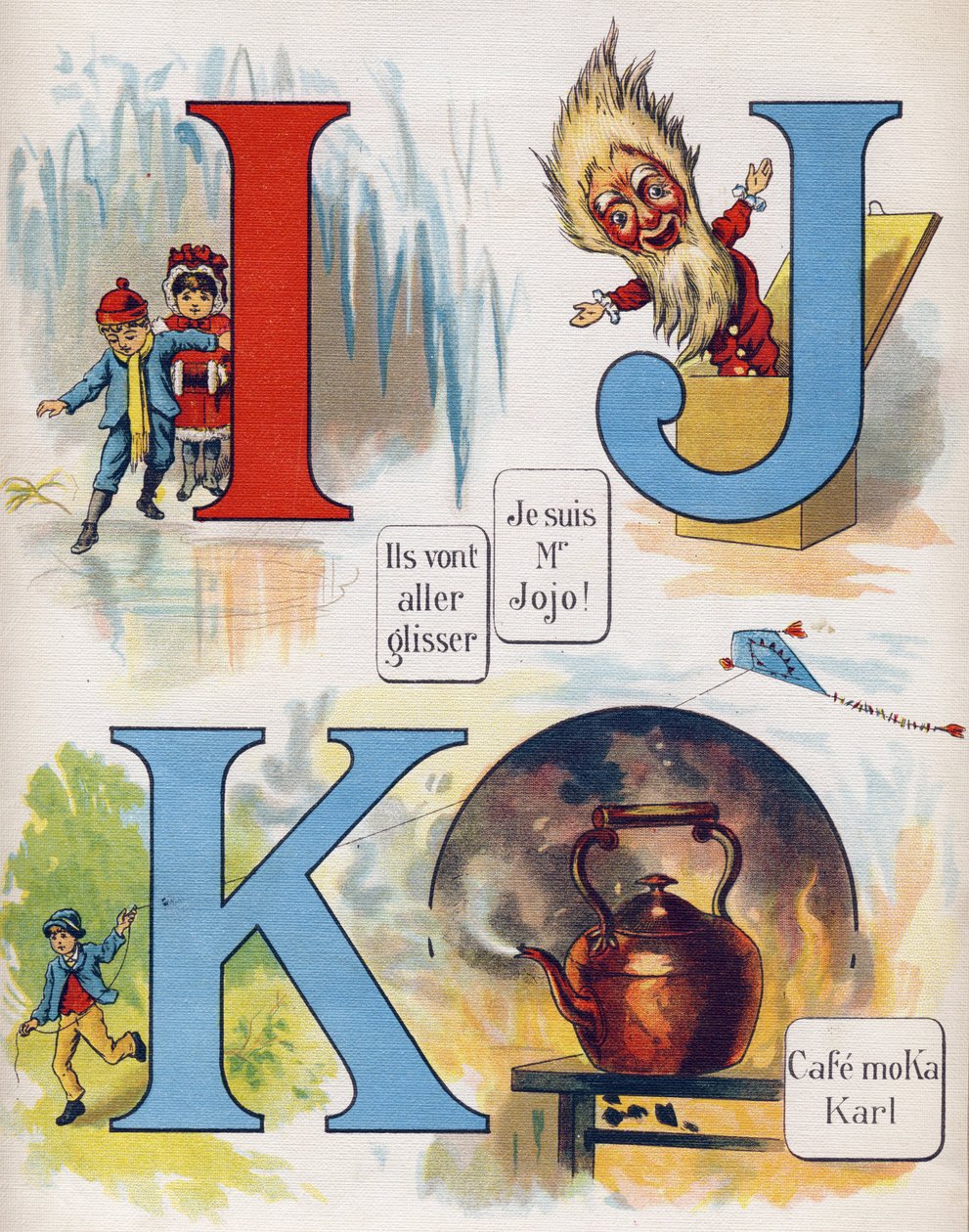 I, J és K betű: Csúszni fognak, én Mr. Jojo vagyok és a Moka Karl kávézó. Metszet "ABC L