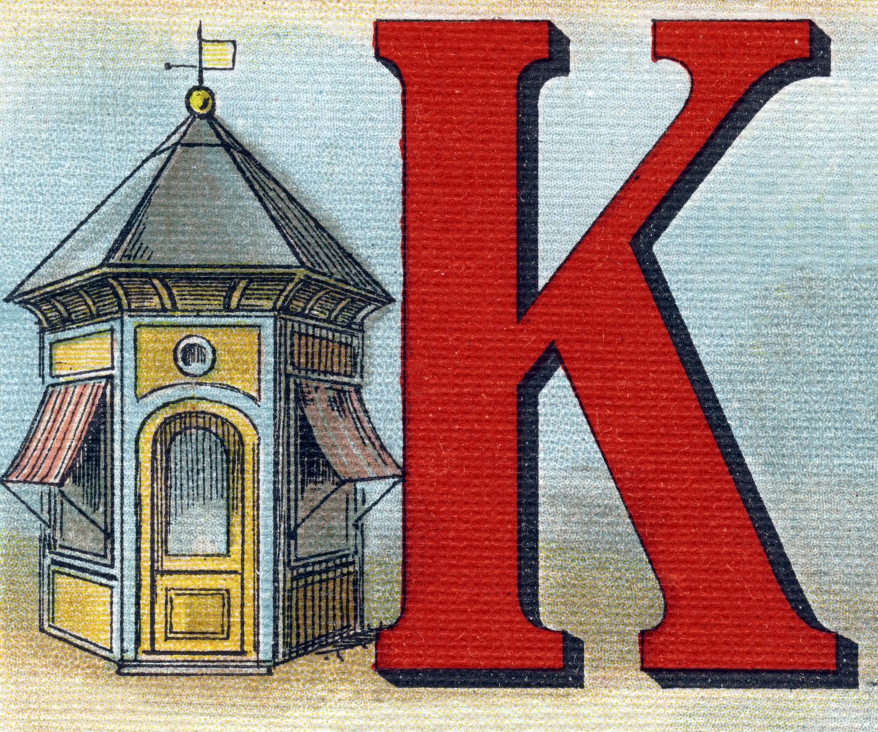 K betű: kioszk. Metszet "Alphabet de ma petite fille". Bernardin-Bechet és Fils, könyvkereskedő-kiadók, Párizs, 1895 körül. Törhetetlen album vásznon. Bibliotheque des Bebes. 12 oldal. Olvasási módszert és szemléltető abecedart tartalmazó album alkotó: Unbekannt