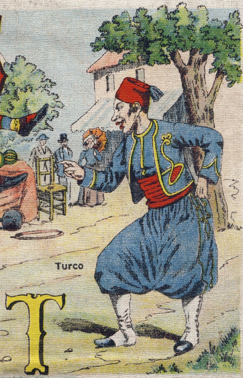 T betű: Turco . Drolatic album. Albums-chromo, vászon 4. számú sorozata. Kromolitográfia a szöveteken. Képalkotás Marcel Vagne, Jarville-Nancy, 20. század eleje. Mérete: 25x17,5 cm alkotó: Unbekannt