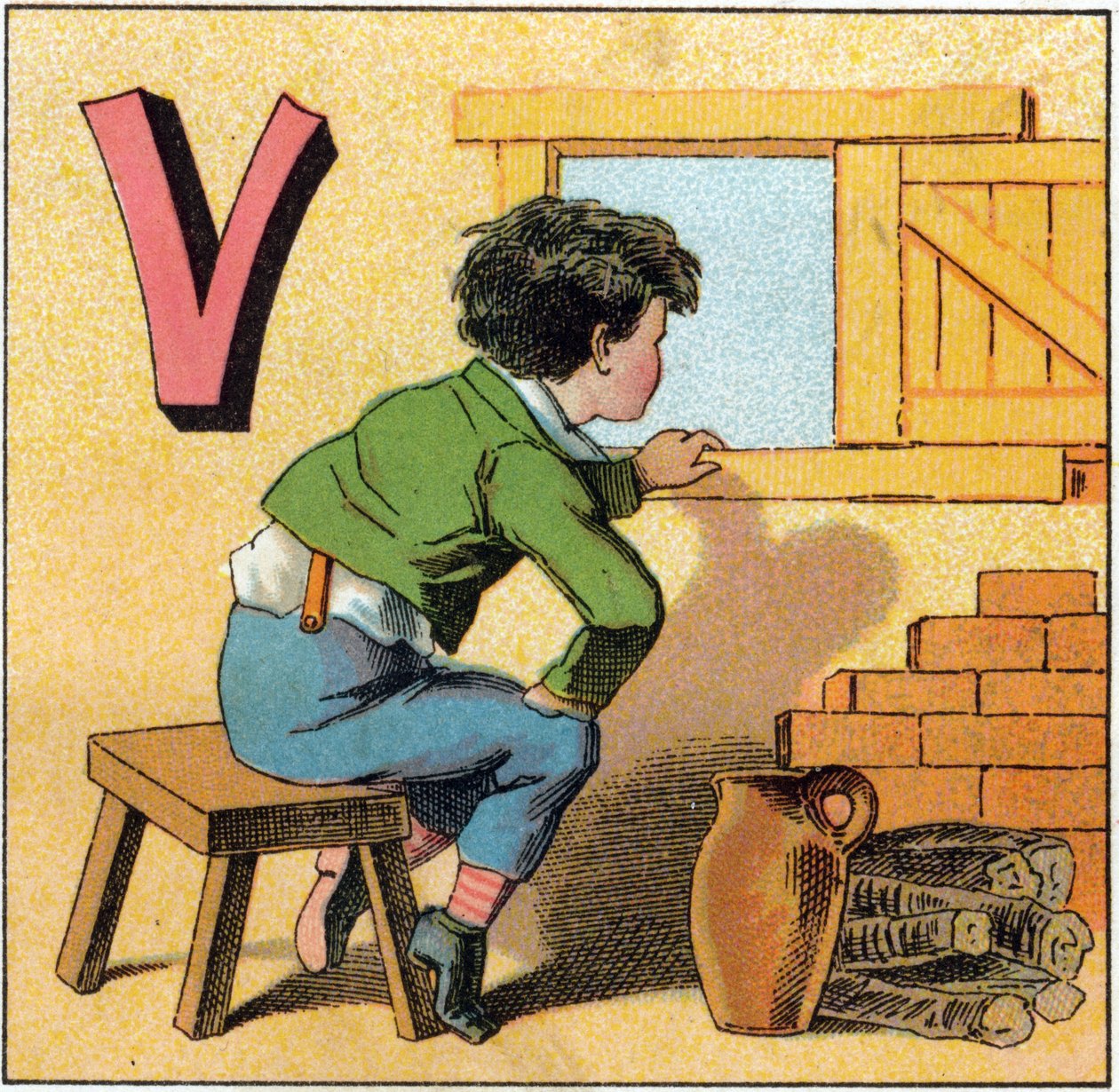 V betű, mint vasistas. Kíváncsi gyerek néz ki az ablakon. Metszet „Alphabet des petits ecoliers” felirattal. Az Epinal képalkotása, 1885 körül. Privee Collection alkotó: Unbekannt