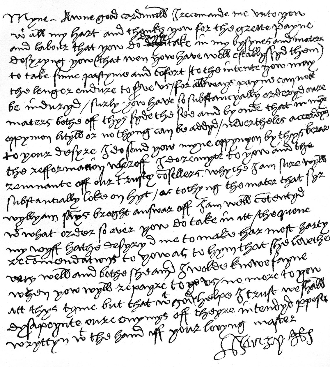 VIII. Henrik király levele Wolsey bíborosnak ("Az enyém jó bíboros"), amelyben megköszönte a kemény munkáját, felszólította, hogy vegyen egy kis időtöltést és vigasztalást, és barátságos üzeneteket küld feleségétől, Aragóniai Katalin királynőtől, 1518 körü alkotó: Unbekannt