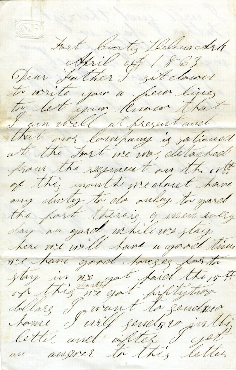David T. Massey (Fort Curtis, Helena, Ark.) által aláírt levél apjának (Nathan Massey), 1863. április 21. alkotó: Unbekannt