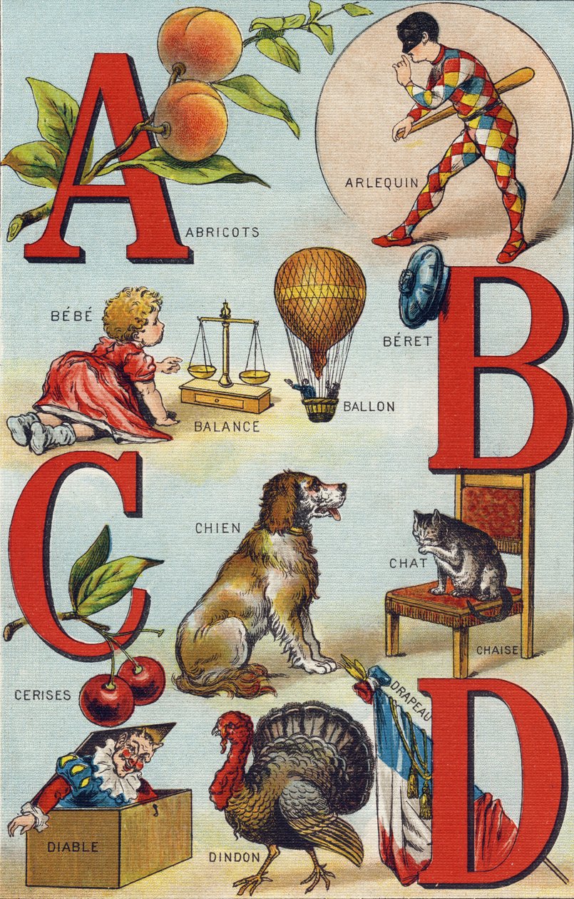 A B C D betűk; Sárgabarack; Paprikajancsi; Egyensúly; Ballon; Bebe; Cseresznye; Macskaszék; Kutya; Takaró; Ördög; Pulyka; Zászló. Metszet "Alphabet de ma petite fille". Bernardin-Bechet és Fils, könyvkereskedő-kiadók, Párizs, 1895 körül. Törhetetlen album  alkotó: Unbekannt