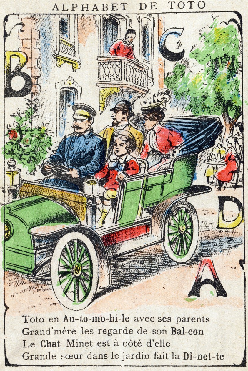 Betűk A B C D Autó Erkély Macska étkező. "Alphabet de Toto" metszet, 19. század vége. Pont-a-Mousson képalkotás. Louis Vagne, nyomdász-kiadó. 12 oldal. Reklámalbum, amely egy illusztris apát és egy egyszerűsített olvasási módszert tartalmaz. Homályos: alkotó: Unbekannt