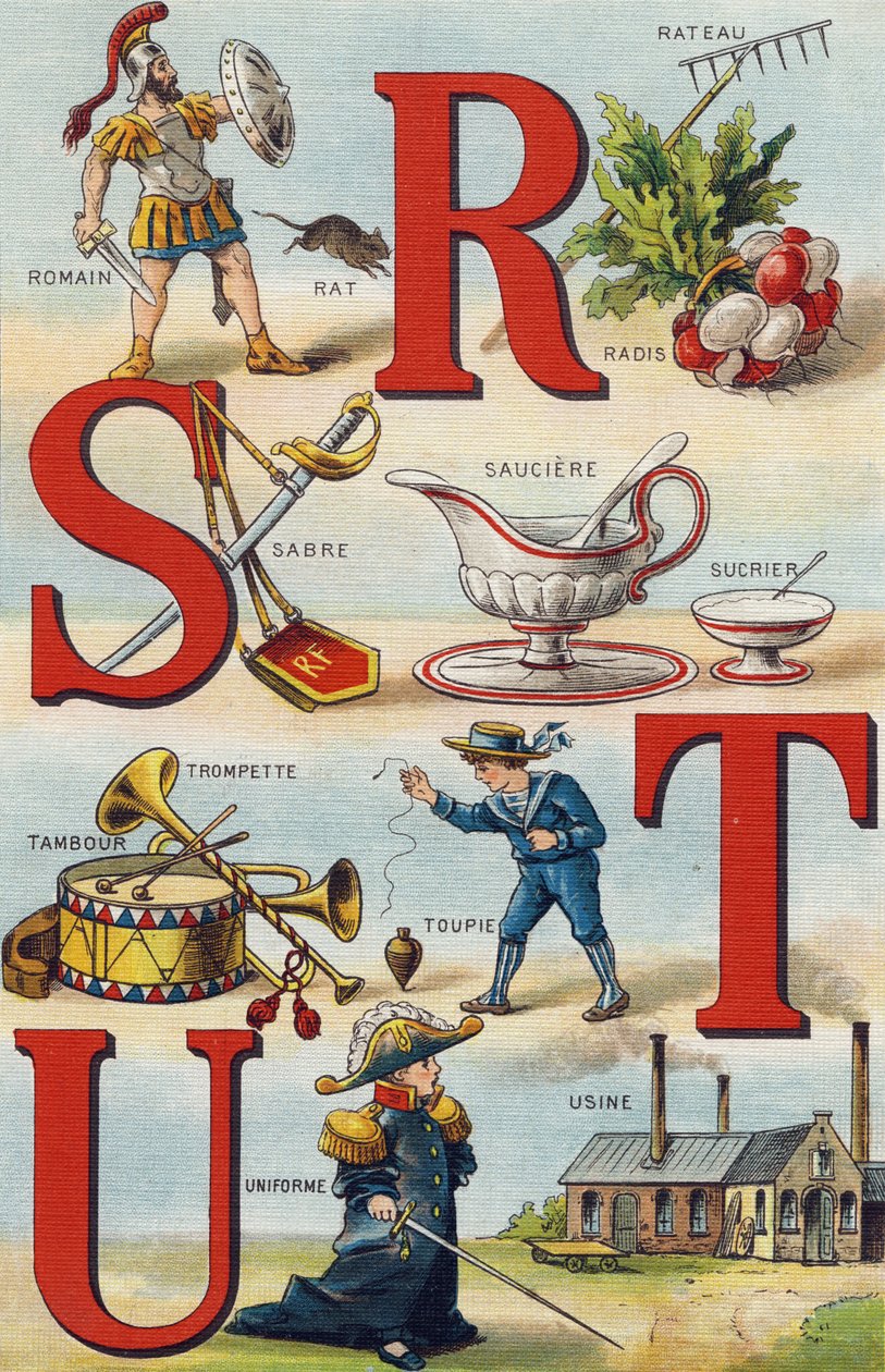 R S T U betűk; Retek gereblye; Római; Szablya; Sauciere cukor; Trombita dob; Top; Egyenruha; Gyár. Metszet "Alphabet de ma petite fille". Bernardin-Bechet és Fils, könyvkereskedő-kiadók, Párizs, 1895 körül. Törhetetlen album vásznon. Bibliotheque des alkotó: Unbekannt