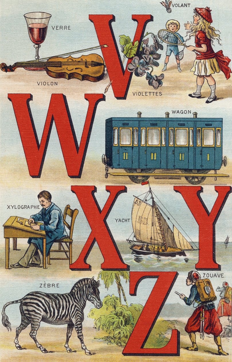 V W X Y Z betűk; kormánykerék; Autó; Fametszet; Jacht; Zebra; Zuáv. Metszet "Az unokám ábécéjébe". Bernardin-Bechet és Fils, könyvkereskedő-kiadók, Párizs, 1895 körül. Törhetetlen album vásznon. Babakönyvtár. 12 oldal. Albu alkotó: Unbekannt