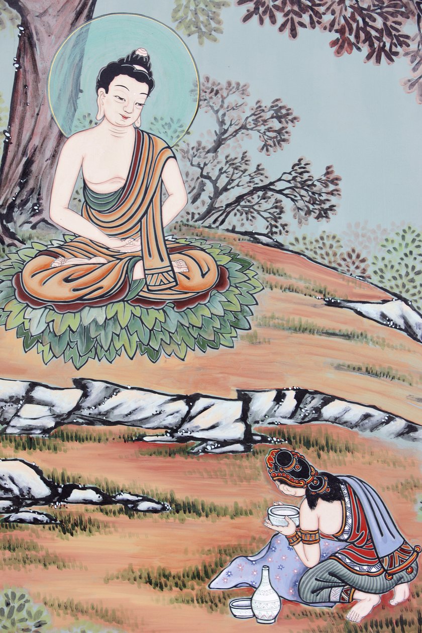 Buddha élete fiatal nő felajánlotta a leendő Buddhának egy tál rizst és tejet. Elfogadta, helyreállította az erejét, és újra kezdte a gyakorlatot, Szöul, Coree du Sud alkotó: Unbekannt