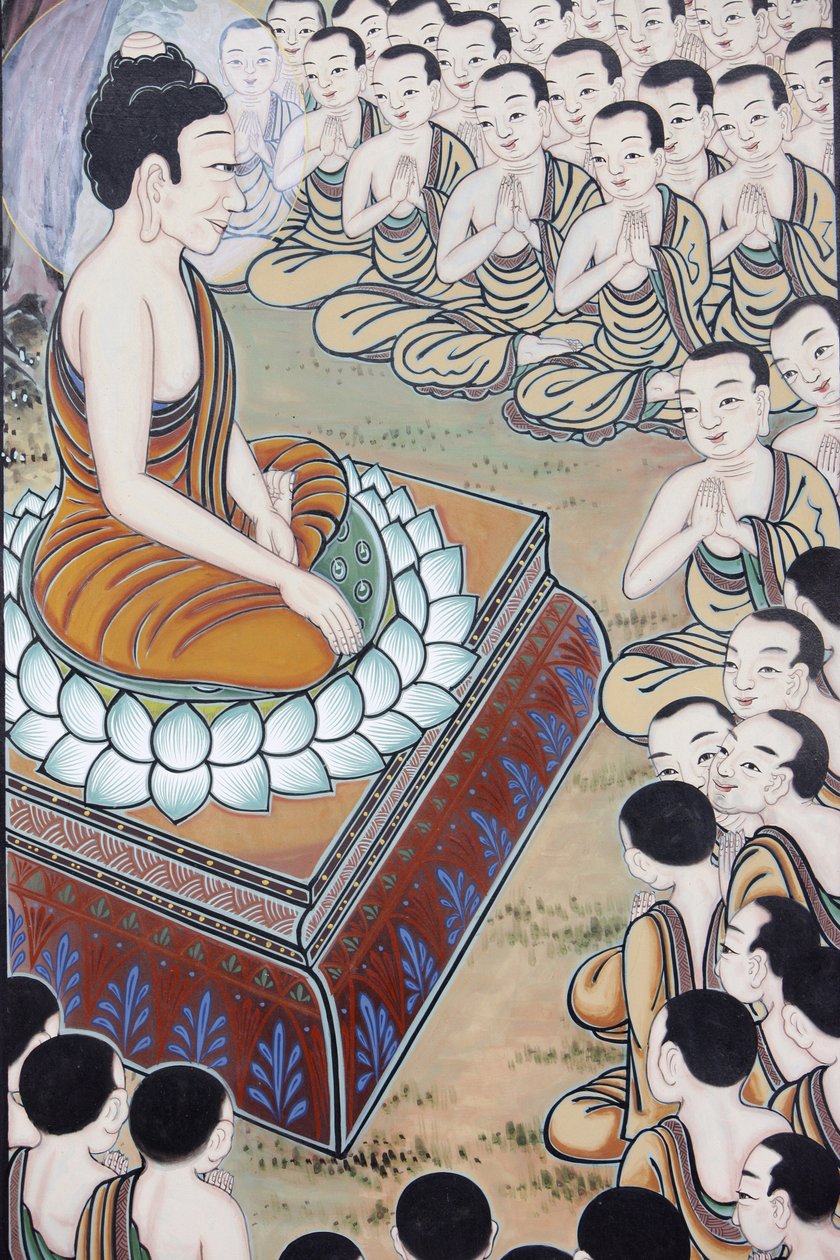 Buddha élete Buddha sok követőre tett szert Egy alkalommal 1250 szerzetes gyűlt össze spontán módon, hogy meghallgassa tanítását (a buddhista országokban ünnepként emlékeznek erre a napra), Szöul, Coree du Sud alkotó: Unbekannt