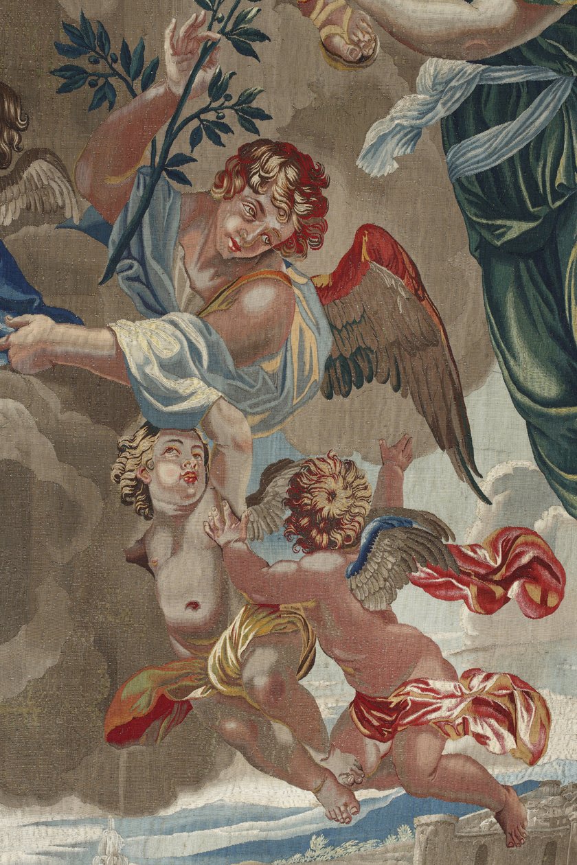 A Szűz élete: „A Szűz koronázása”” (A Szűz megkoronázása) Angyalok részlete Pierre Damour műhelyében készült gyapjú és selyem kárpit Charles Poerson (1609-1667) rajzaiból alkotó: Unbekannt