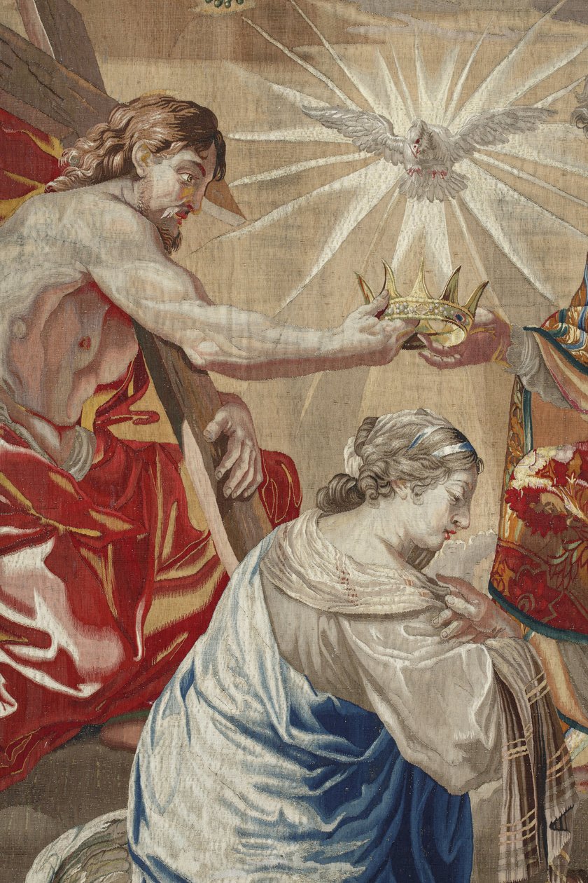 A Szűz élete: „A Szűz koronázása” Részlet, amely Jézust és a Szentlélek galambját (Szentlélek) ábrázolja a Szűz fölött - Pierre Damour műhelyében készült gyapjú- és selyem kárpit Charles Poerson rajzaiból (1609-1667) alkotó: Unbekannt