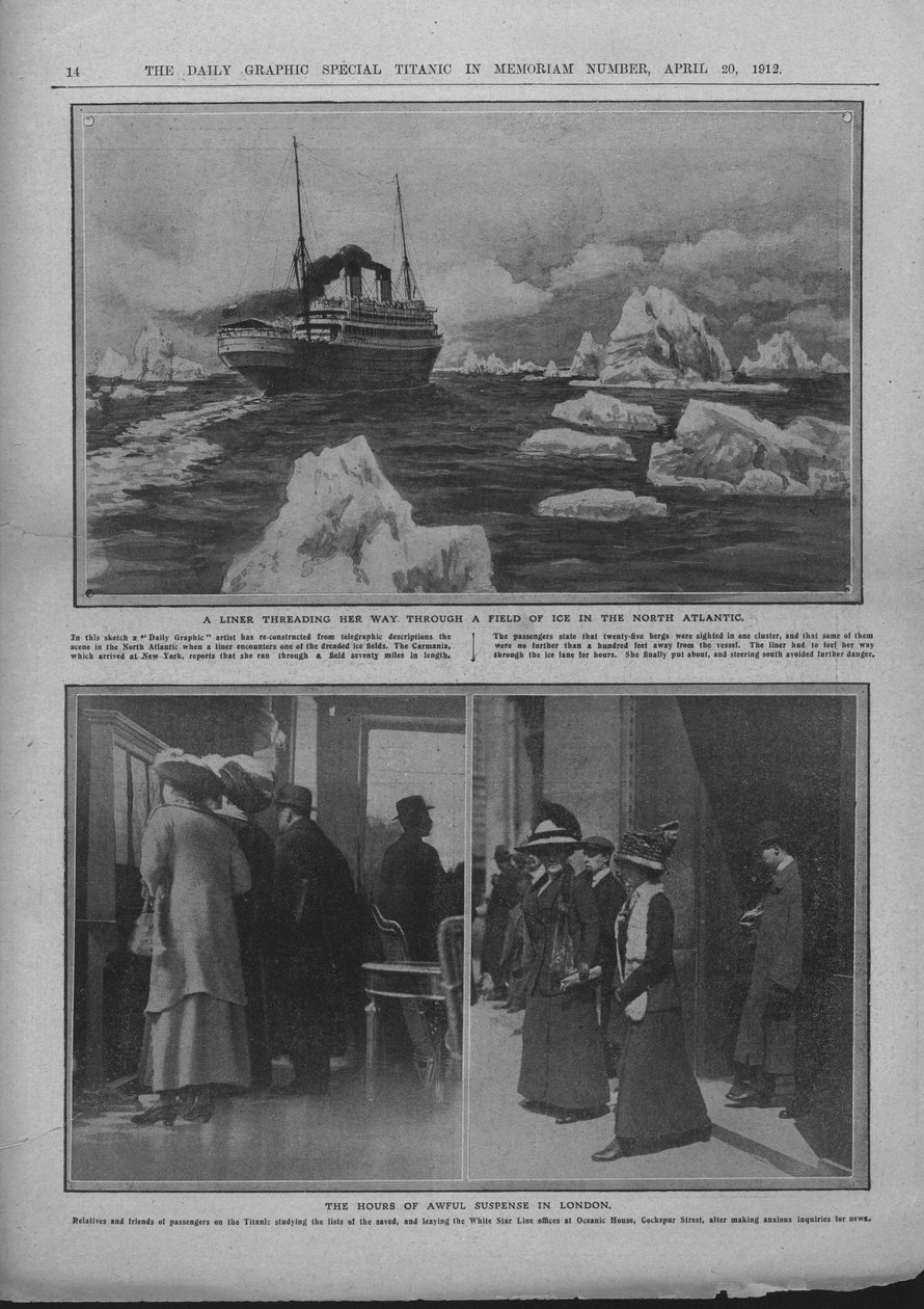 Bélés egy jégmezőn, és az emberek, akik a Titanic katasztrófájáról várják a híreket, 1912. április 20. alkotó: Unbekannt