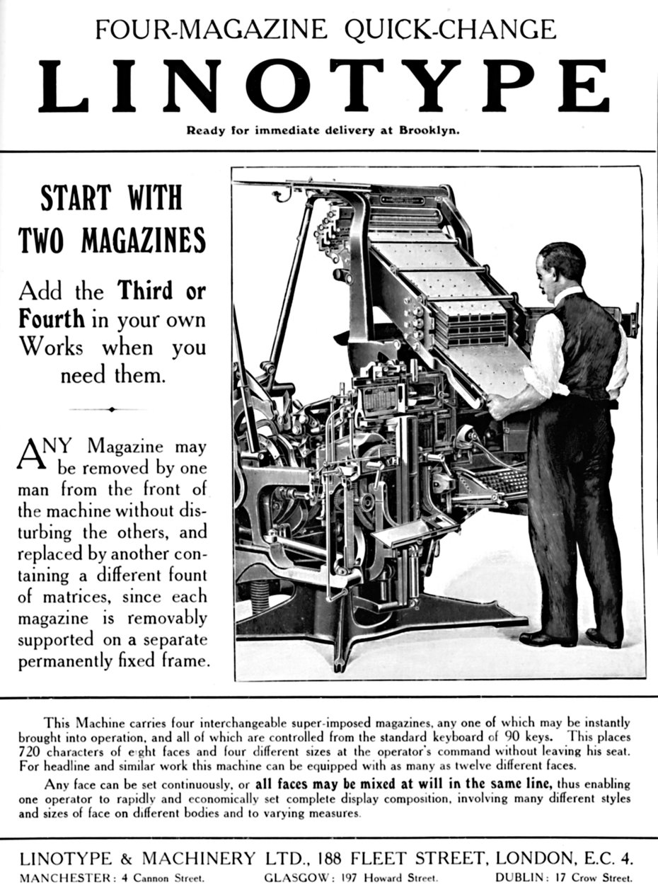 Linotype & Machinery Ltd. hirdetés, 1919 alkotó: Unbekannt