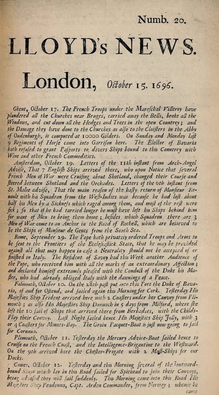 Lloyds News. London, 1696. október 15. – Ném. 1928. 20 alkotó: Unbekannt
