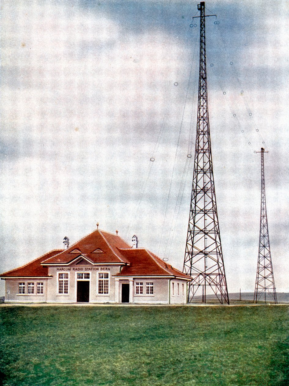 Hosszúhullámú adóárbocok egy Marconi rádióállomáson Bernben, Svájcban, c1925 alkotó: Unbekannt