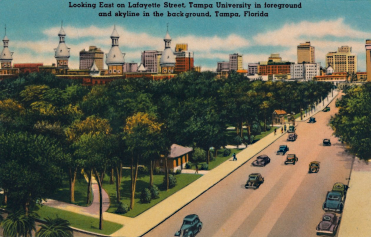Keletre nézve a Lafayette Streeten, Tampa Egyetem és városkép, Tampa, Florida, 1940-es évek alkotó: Unbekannt