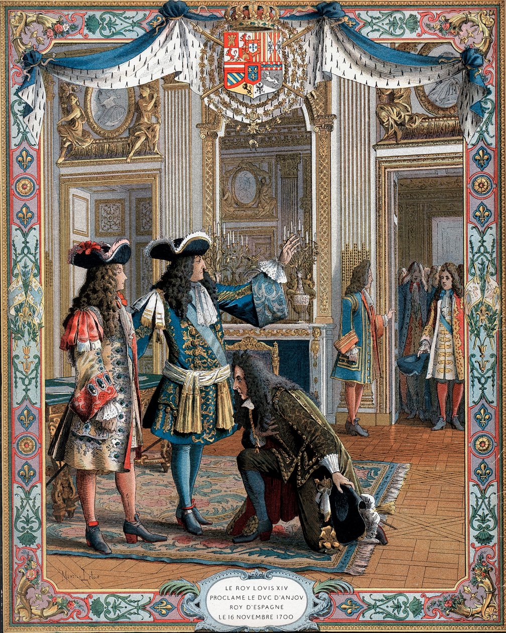 XIV. Lajos kikiáltja dAnjou herceget spanyol királlyá, örökösödési háború, 1700 XIX. alkotó: Unbekannt