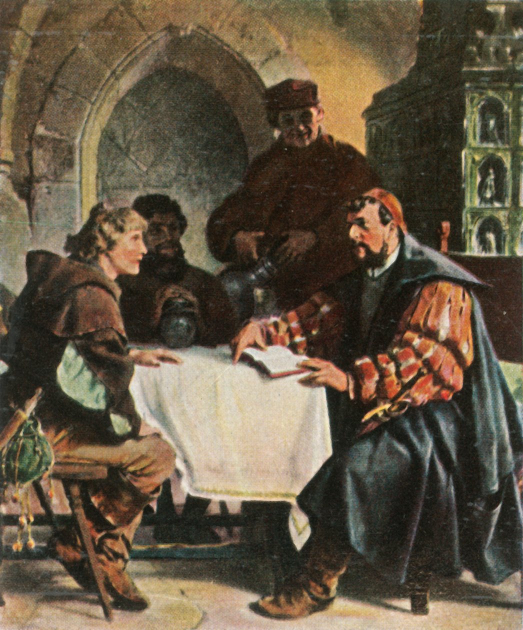 Luther Jörg Junker szerepében a Jénai fogadóban svájci diákokkal, 1522, 1936. alkotó: Unbekannt