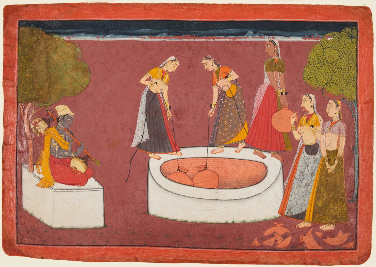 Madhava eljátssza a vinát, mielőtt öt nő vizet merít egy kútból, egy Madhavanalából..., c. 1700. alkotó: Unbekannt
