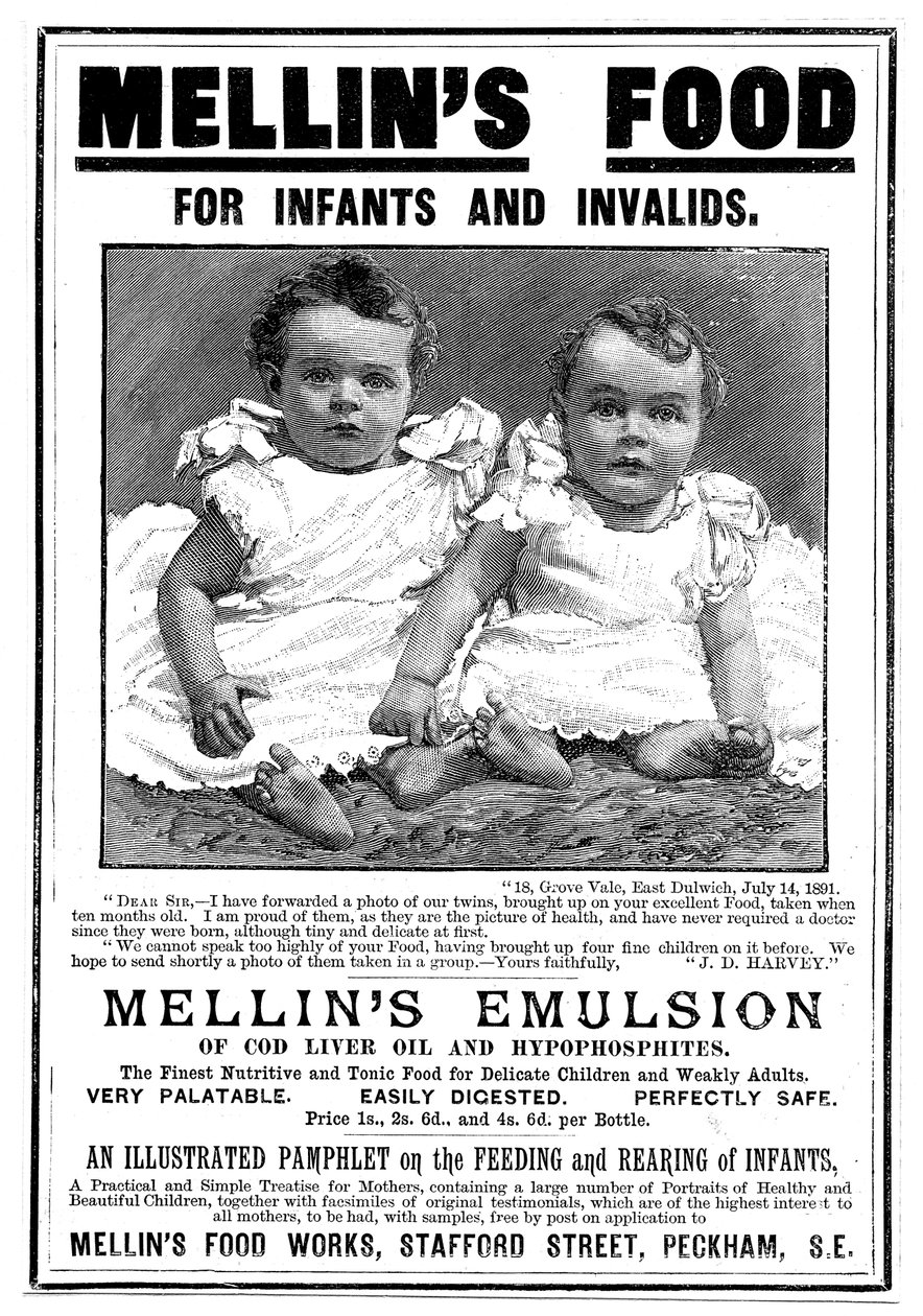 A Mellins Emulsion, csukamájolaj alapú étrend-kiegészítő magazin reklámja, c1890 alkotó: Unbekannt