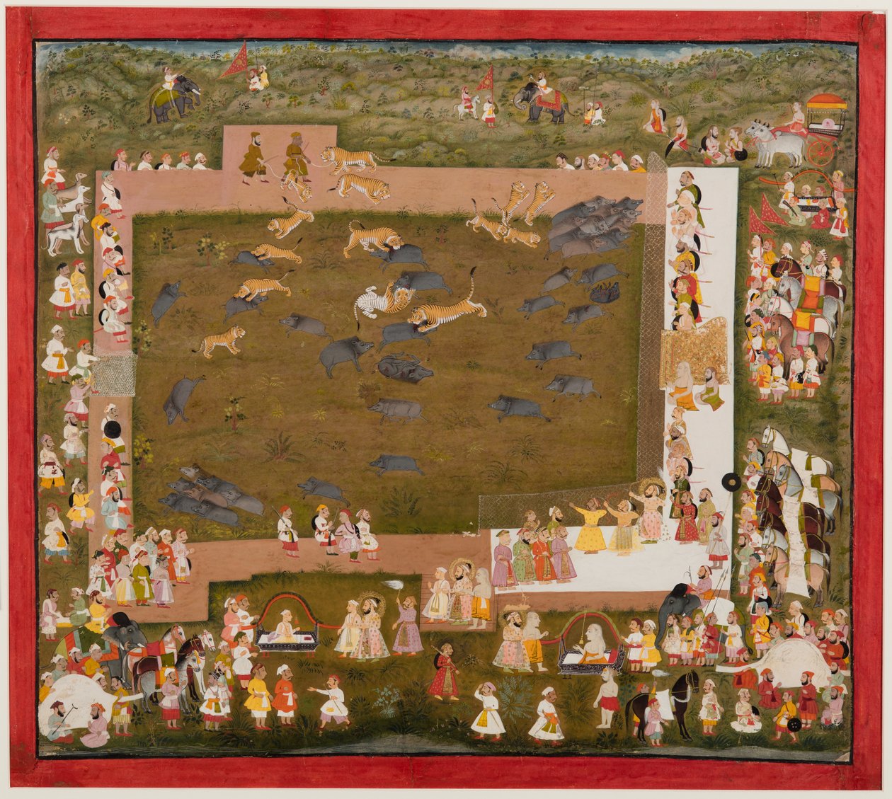 Maharaja Sangram Singh és udvara tigrisek és vaddisznók harcát figyeli meg Sadriban, kb. 1720. alkotó: Unbekannt
