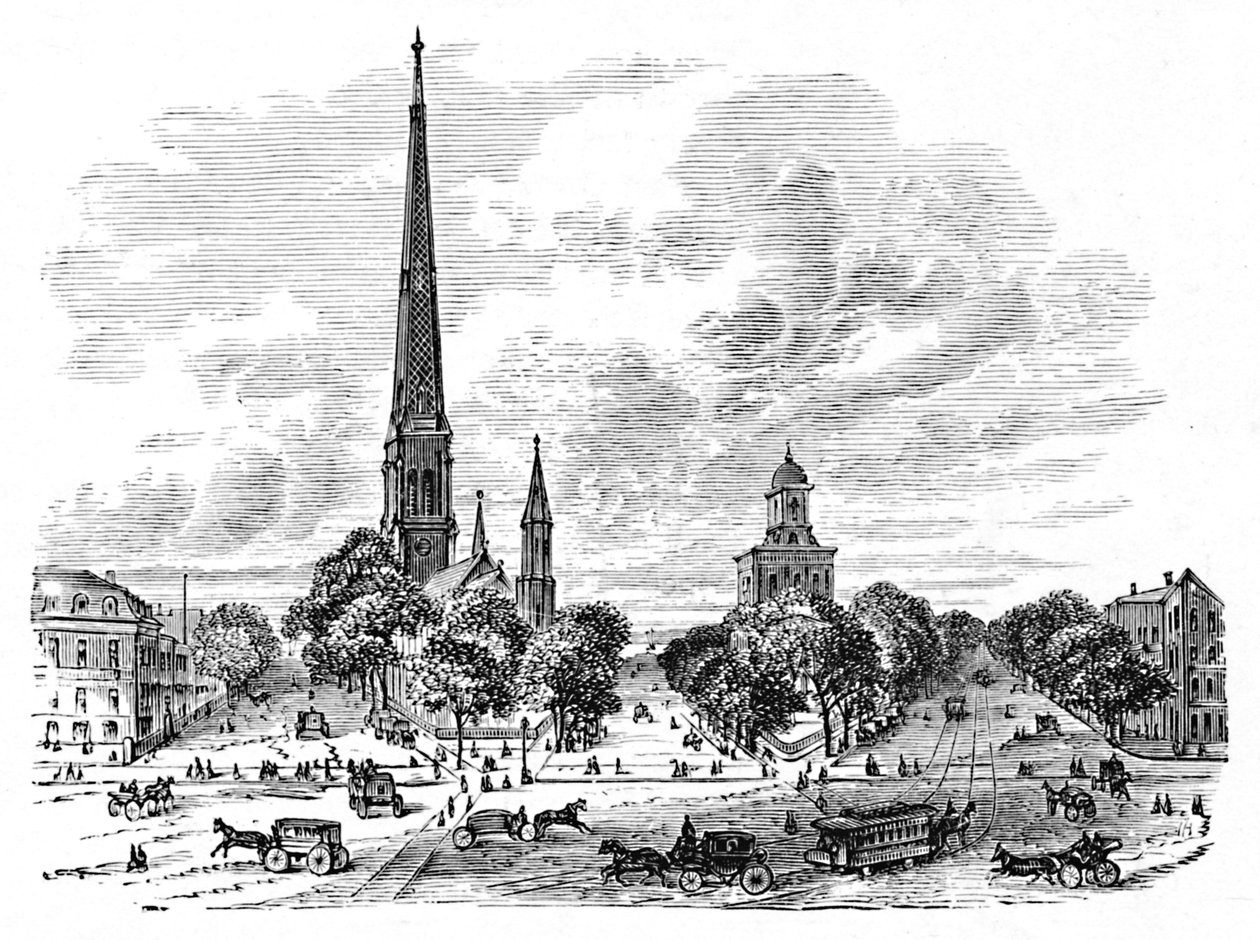Main Street, Buffalo, szemben a templomokkal, 1883 alkotó: Unbekannt