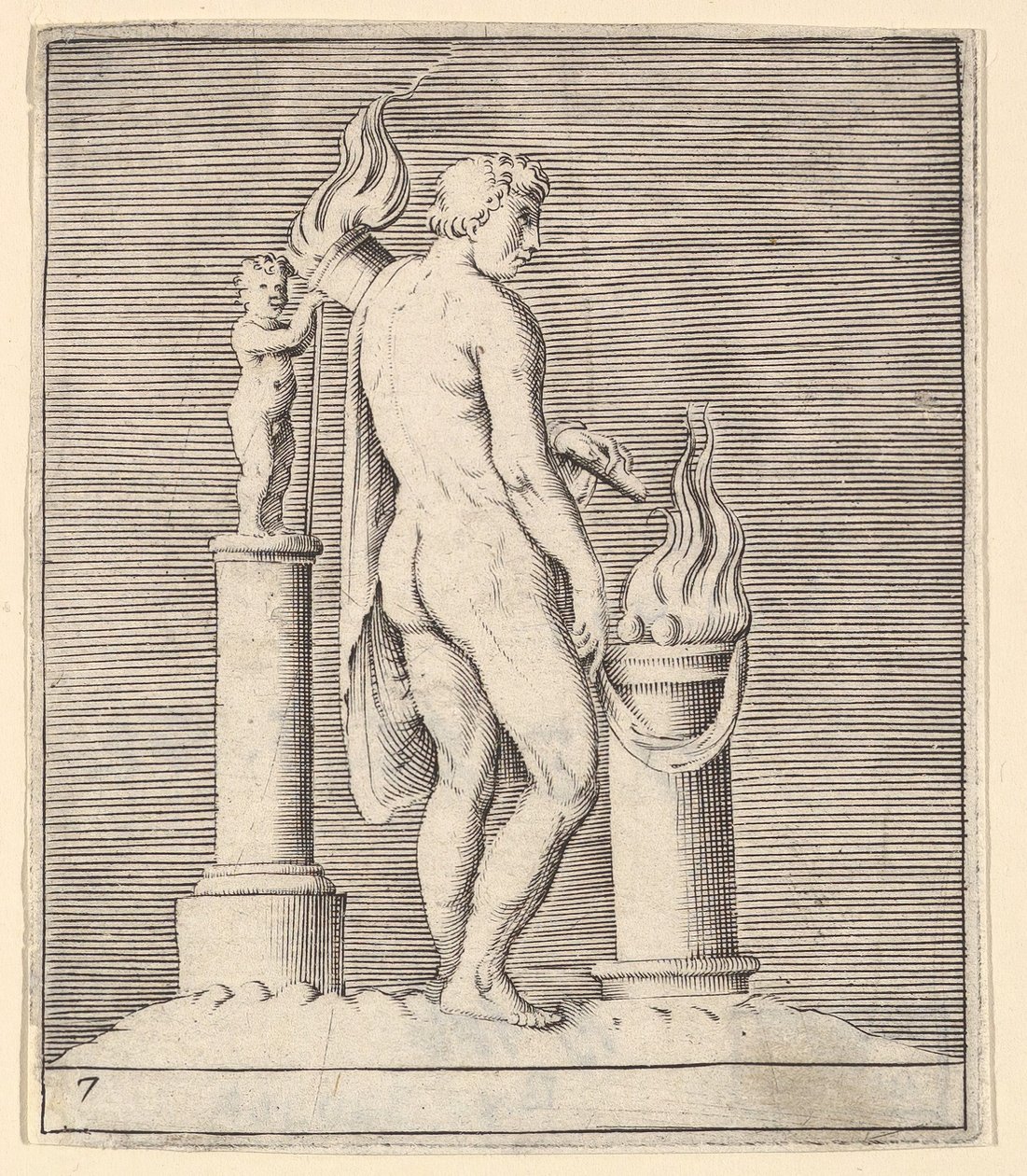 Ember fáklyával a lángoló oltár és a szobor között, megjelent kb. 1599-1622. alkotó: Unbekannt