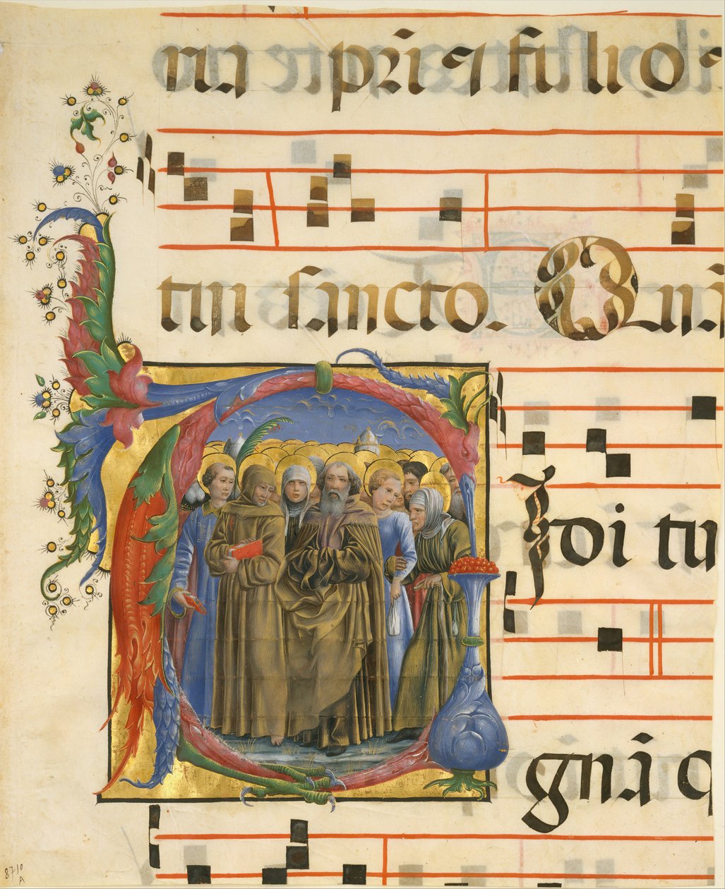 Kéziratos megvilágítás mindenszentekkel V kezdőbetűben, egy antifóniából, olasz, 1450-60. alkotó: Unbekannt