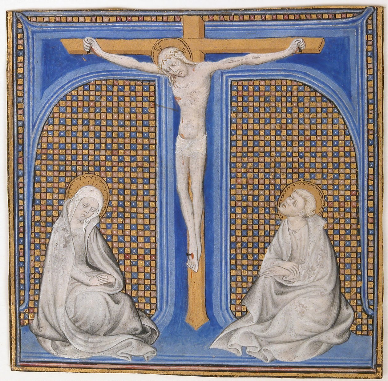 Kéziratos megvilágítás keresztrefeszítéssel, T betűvel, egy misekönyvből, kb. 1400. alkotó: Unbekannt