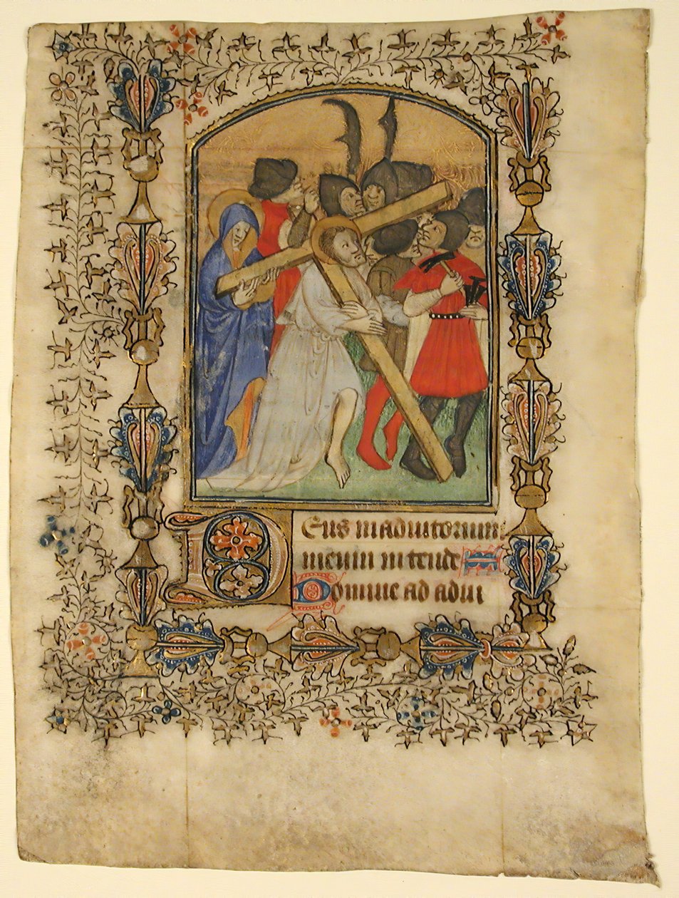 Kéziratos levél egy Órakönyvből... Megvilágított D kezdőbetű és keresztet hordozó Krisztus, 1390-140 alkotó: Unbekannt