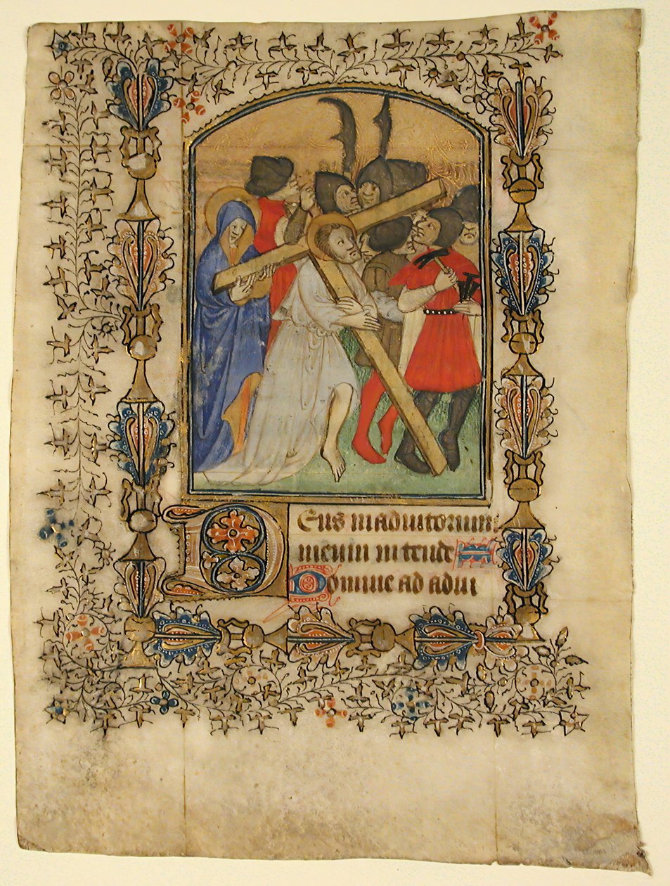 Kéziratos levél egy Órakönyvből, amelyen egy kivilágított D kezdőbetű és Krisztus..., 1390-1400. alkotó: Unbekannt