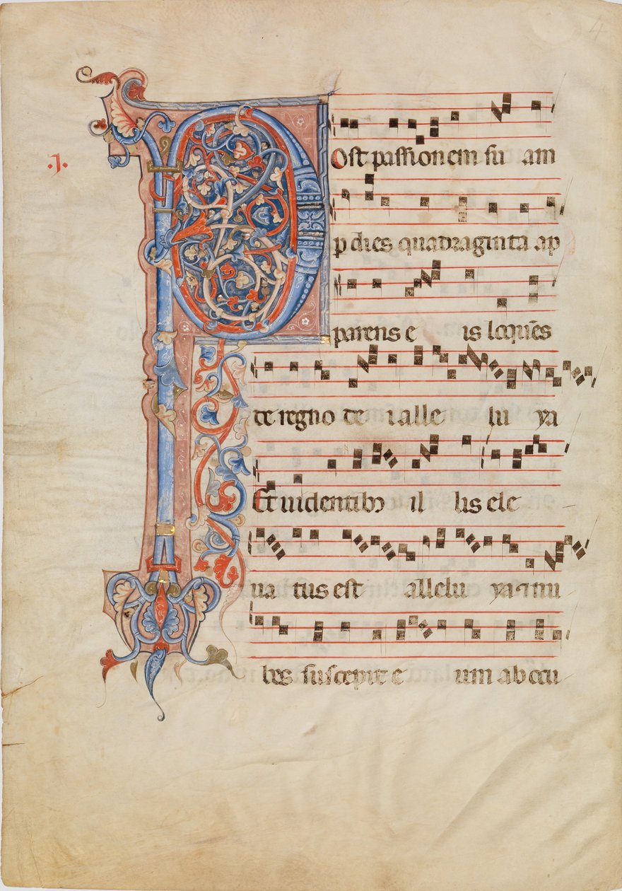 Kéziratos levél foltos P kezdőbetűvel, egy antifonáriából, kb. 1250-60. alkotó: Unbekannt