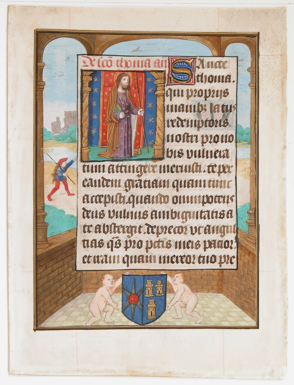 Kéziratos levél Szent Tamással, egy Órakönyvből, kb. 1500. alkotó: Unbekannt